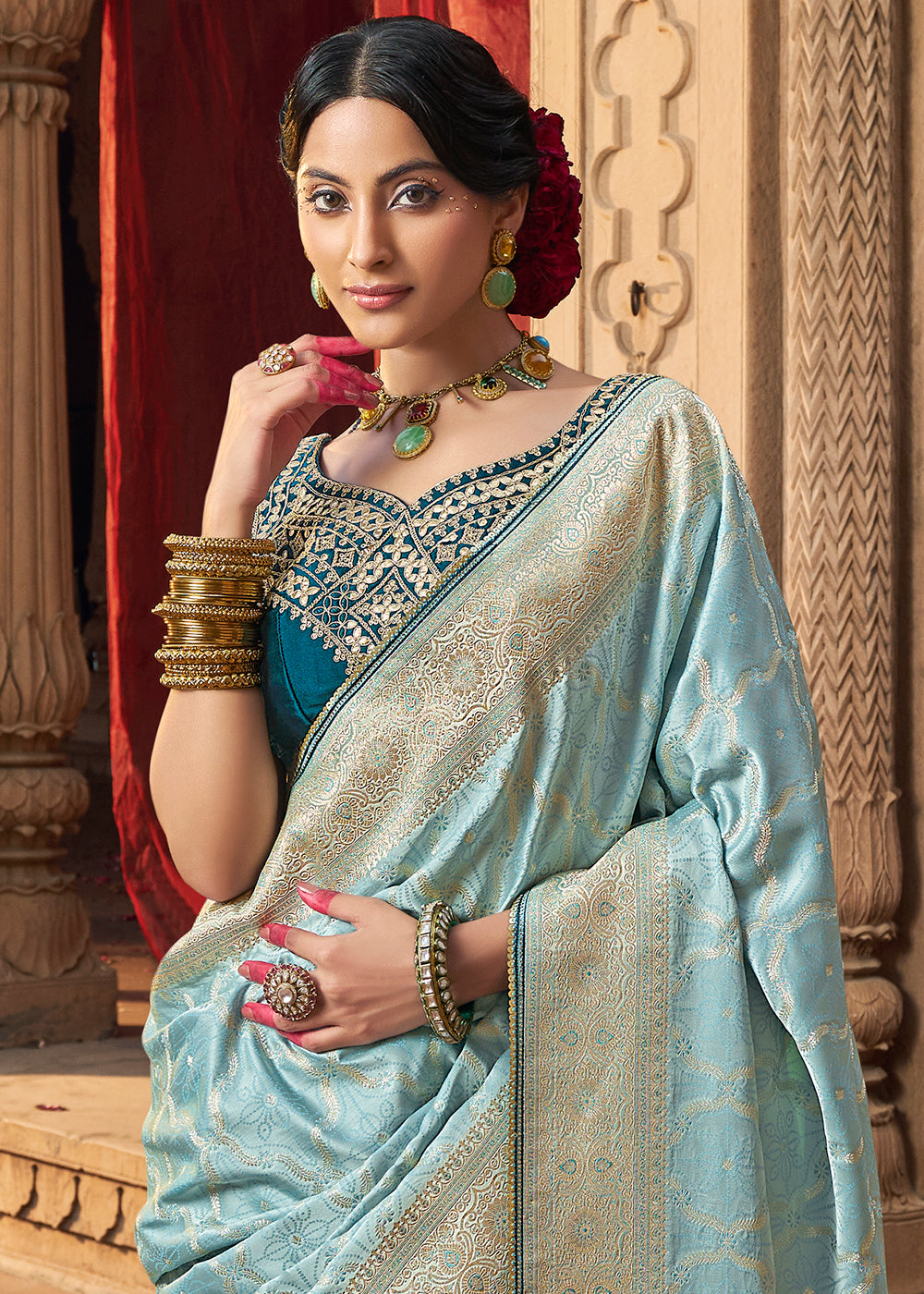 Powder Blue Saree in Satin Silk with Zari Accents and Embroidered Blouse