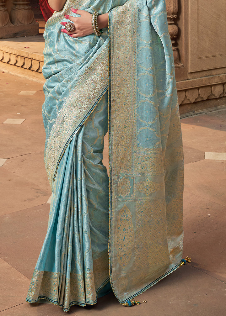 Powder Blue Saree in Satin Silk with Zari Accents and Embroidered Blouse