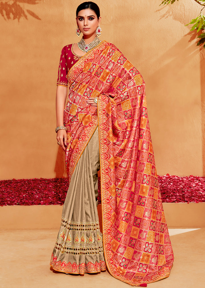 Red & Brown Half N Half Banarasi Silk Saree with Elegant Embroidery