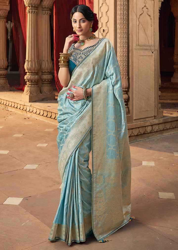 Powder Blue Saree in Satin Silk with Zari Accents and Embroidered Blouse