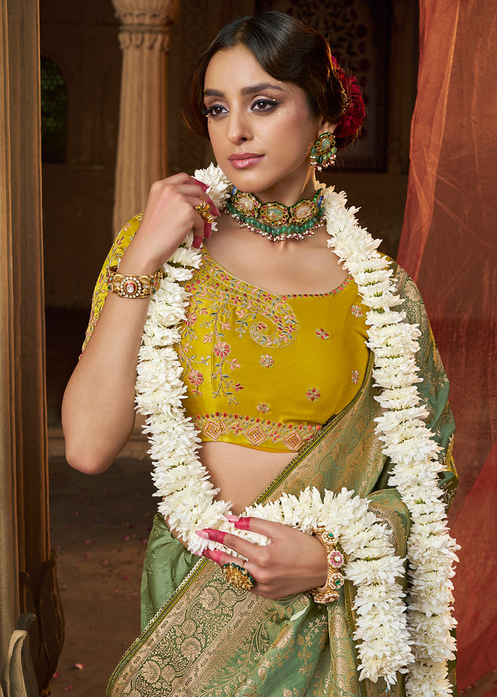 Mantis Green Saree in Satin Silk with Zari Accents and Embroidered Blouse