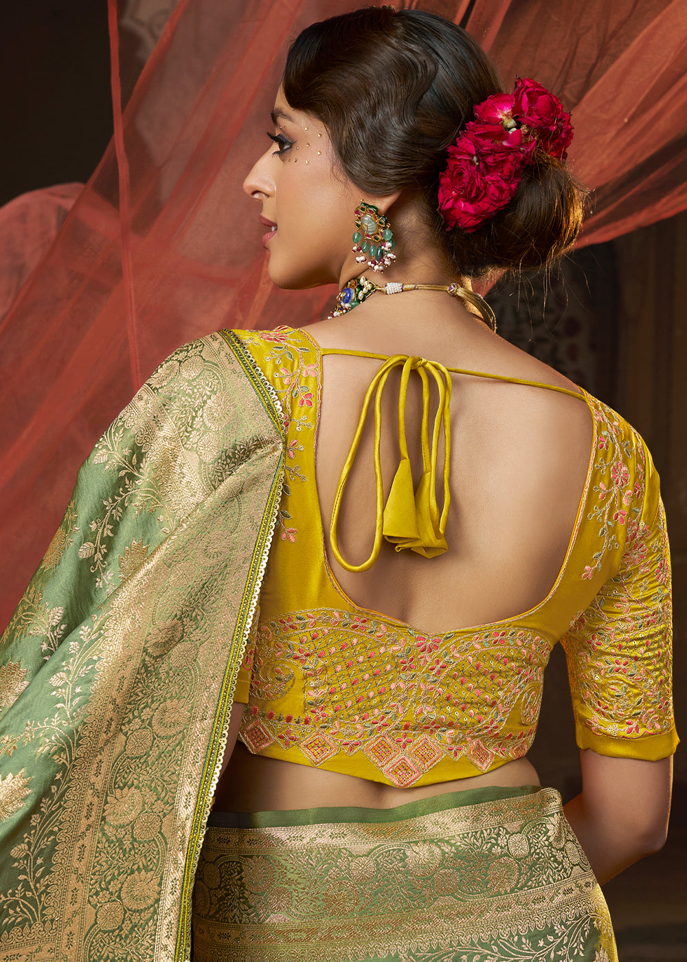 Mantis Green Saree in Satin Silk with Zari Accents and Embroidered Blouse