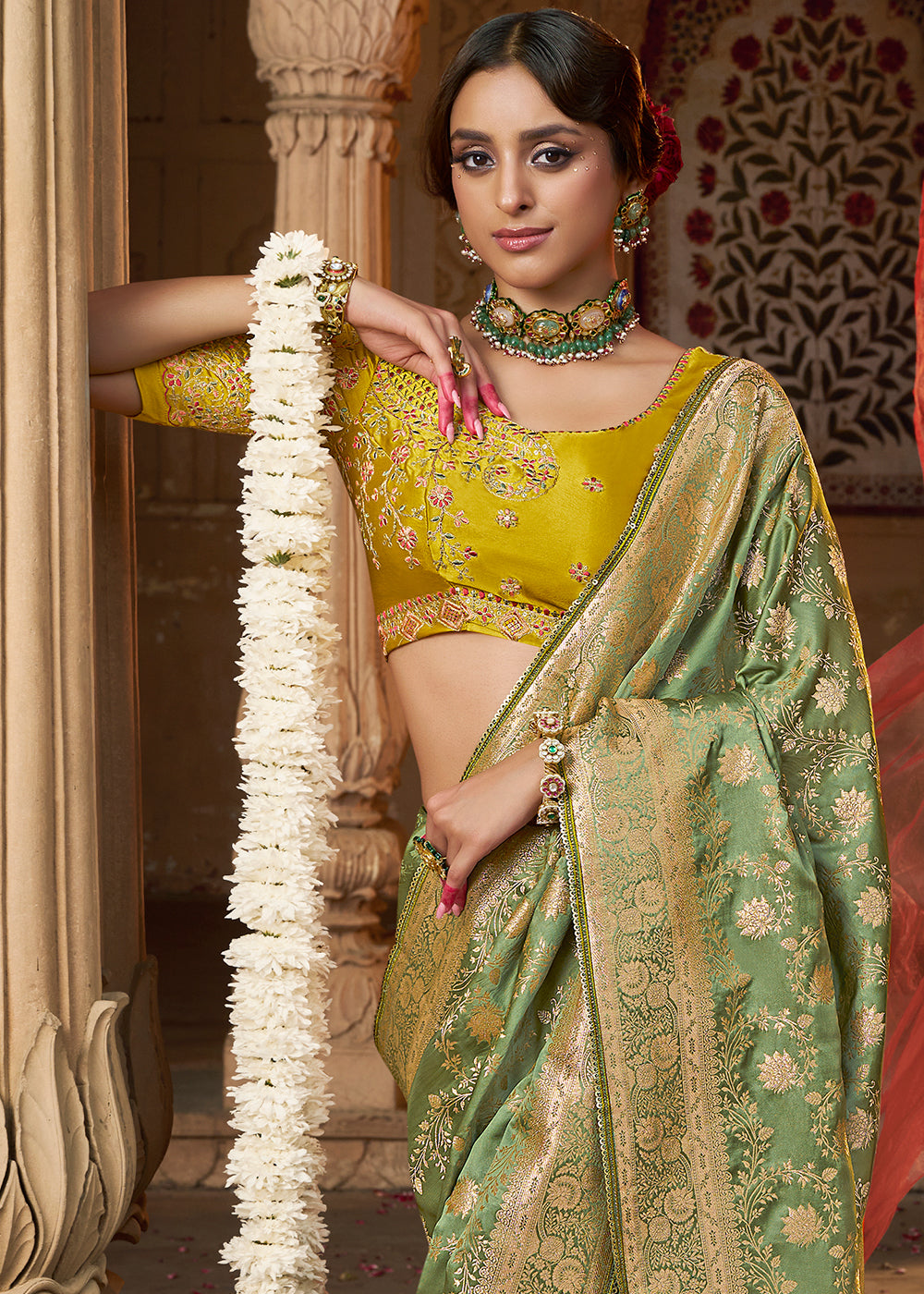 Mantis Green Saree in Satin Silk with Zari Accents and Embroidered Blouse