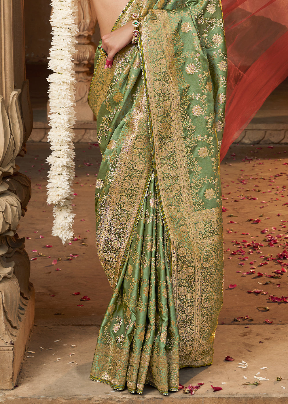 Mantis Green Saree in Satin Silk with Zari Accents and Embroidered Blouse