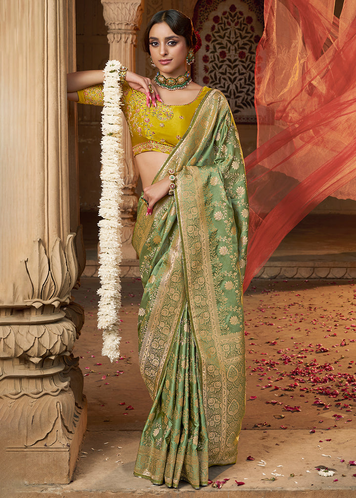 Mantis Green Saree in Satin Silk with Zari Accents and Embroidered Blouse