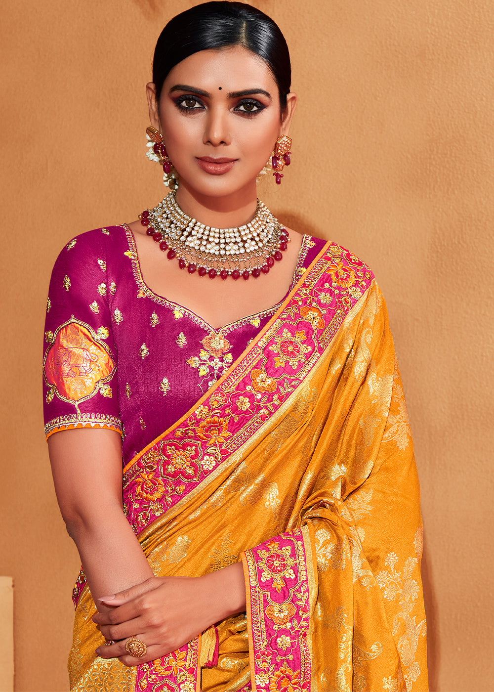 Yellow & Purple Half N Half Banarasi Silk Saree with Elegant Embroidery