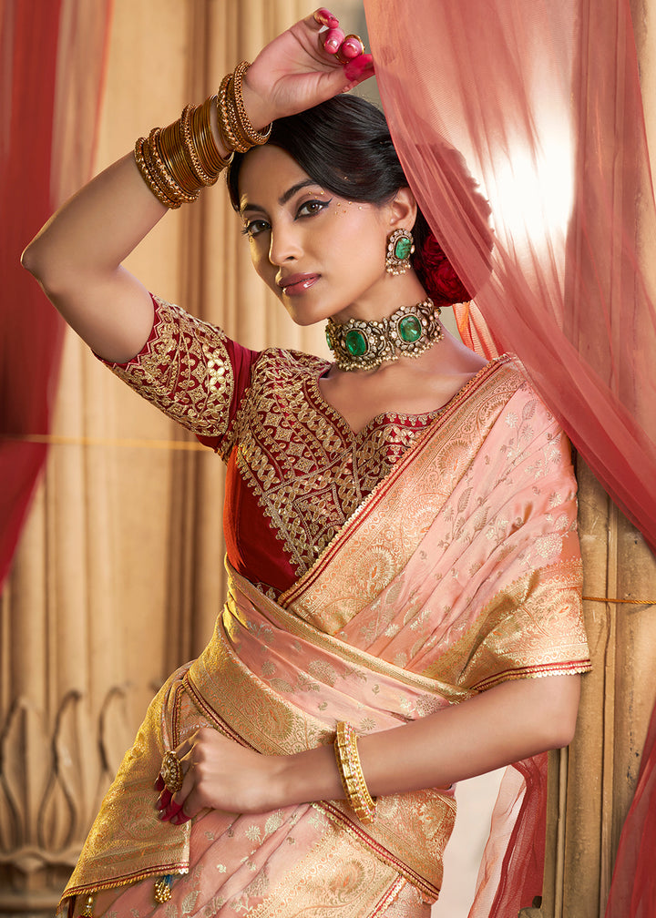 Light Peach Pink Saree in Satin Silk with Zari Accents and Embroidered Blouse