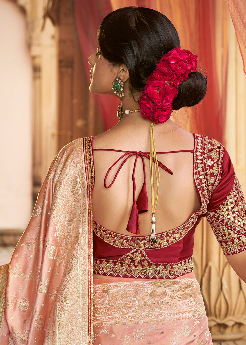 Light Peach Pink Saree in Satin Silk with Zari Accents and Embroidered Blouse