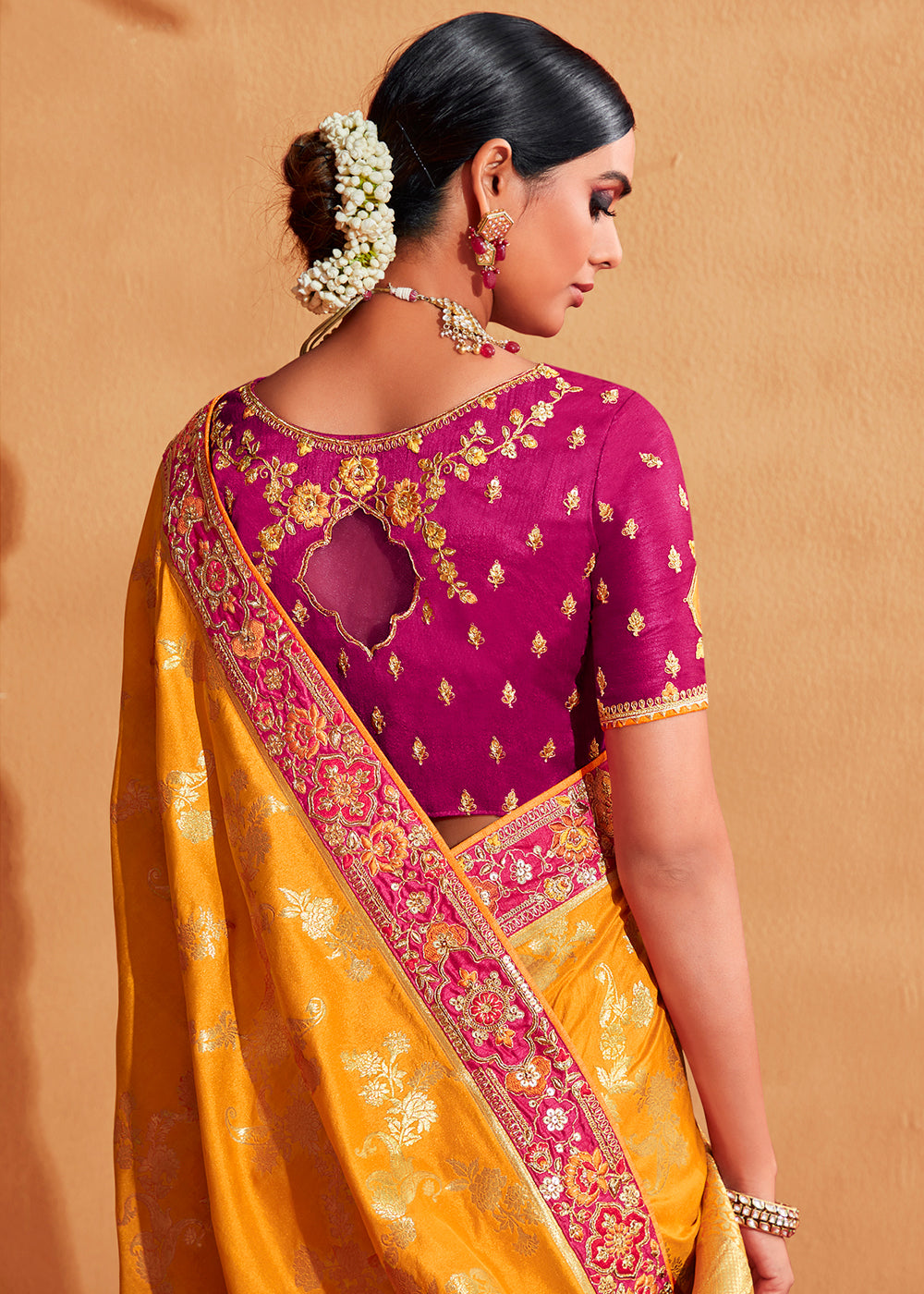 Yellow & Purple Half N Half Banarasi Silk Saree with Elegant Embroidery