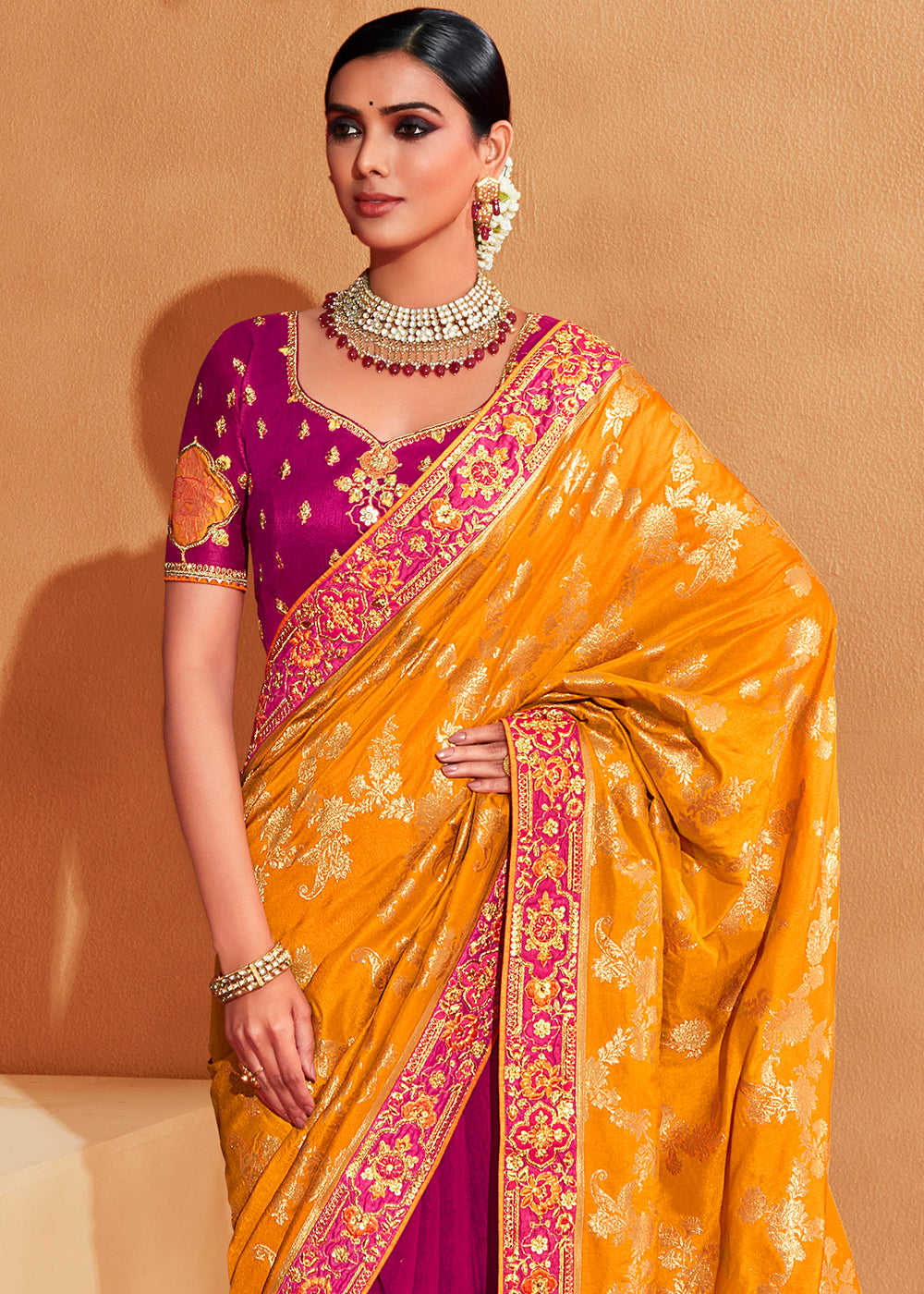 Yellow & Purple Half N Half Banarasi Silk Saree with Elegant Embroidery