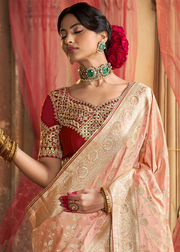 Light Peach Pink Saree in Satin Silk with Zari Accents and Embroidered Blouse