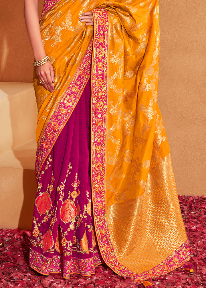 Yellow & Purple Half N Half Banarasi Silk Saree with Elegant Embroidery