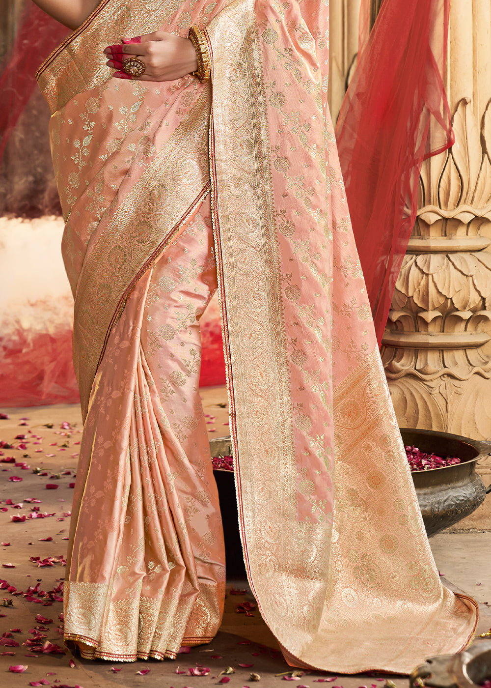 Light Peach Pink Saree in Satin Silk with Zari Accents and Embroidered Blouse