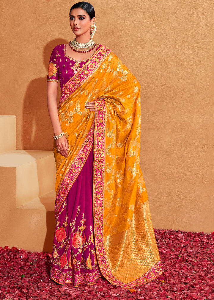 Yellow & Purple Half N Half Banarasi Silk Saree with Elegant Embroidery