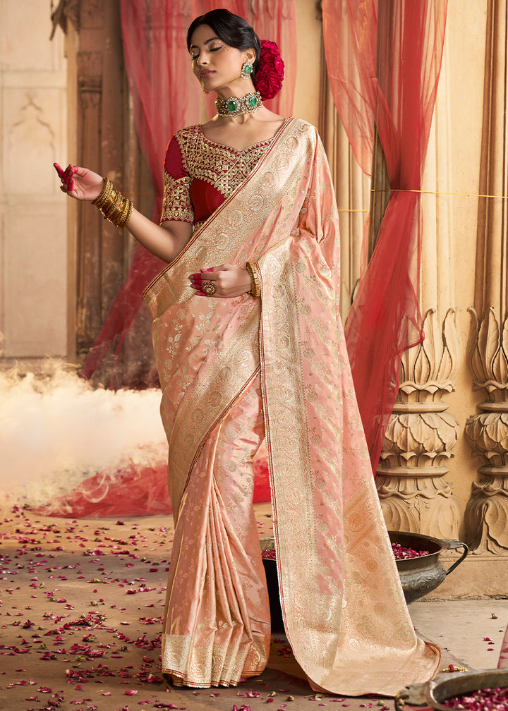 Light Peach Pink Saree in Satin Silk with Zari Accents and Embroidered Blouse