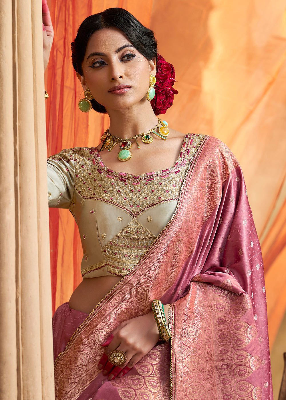 Pearly Purple Saree in Satin Silk with Zari Accents and Embroidered Blouse