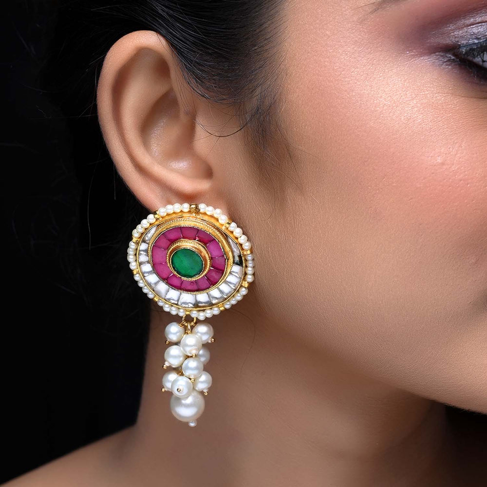 Karuna Rose Pink & Green Gold Plated Kundan Earrings