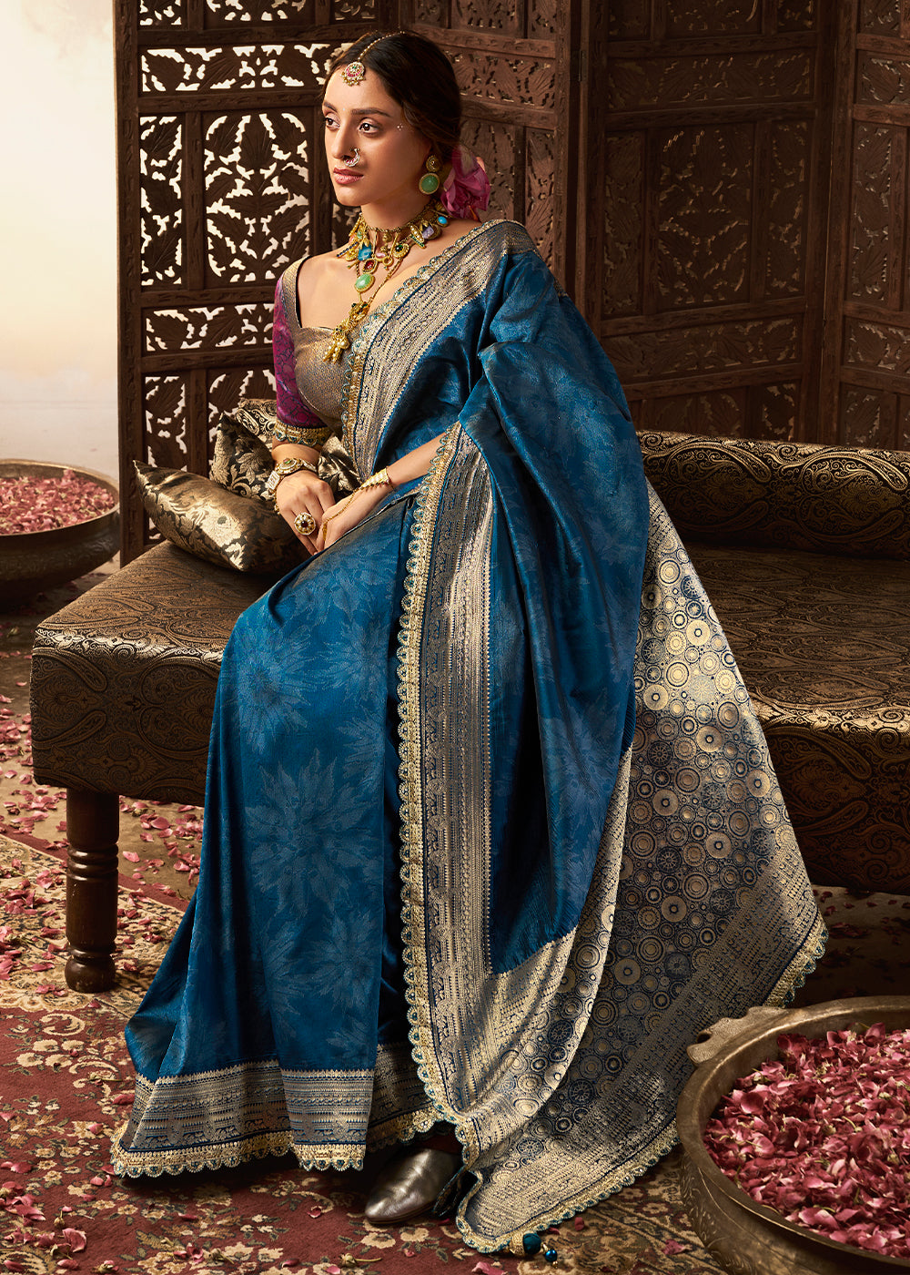 Azure Blue Banarasi Silk Saree Featuring an Elegant Border