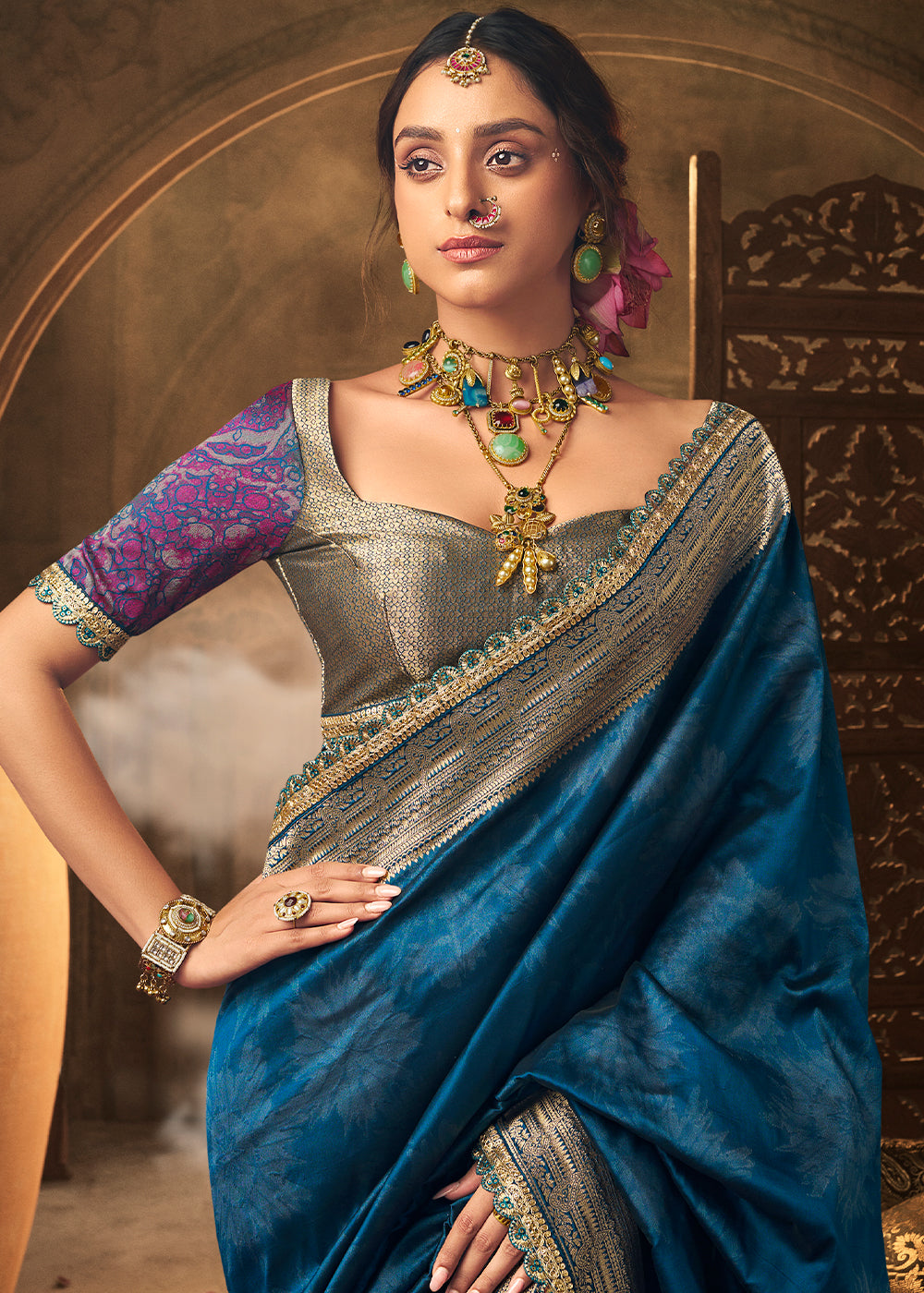 Azure Blue Banarasi Silk Saree Featuring an Elegant Border