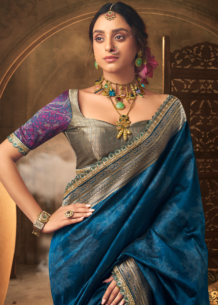 Azure Blue Banarasi Silk Saree Featuring an Elegant Border