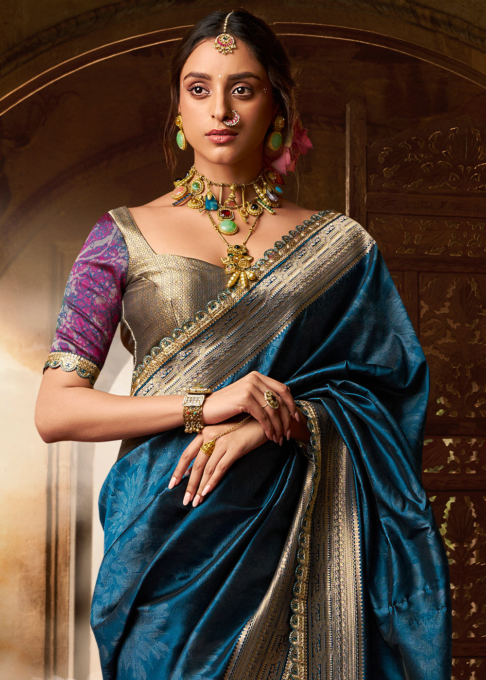 Azure Blue Banarasi Silk Saree Featuring an Elegant Border