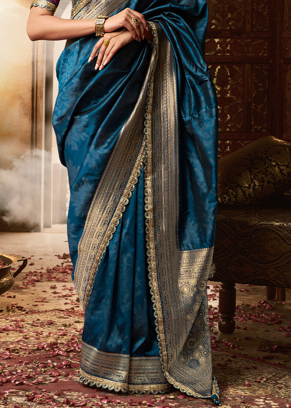 Azure Blue Banarasi Silk Saree Featuring an Elegant Border