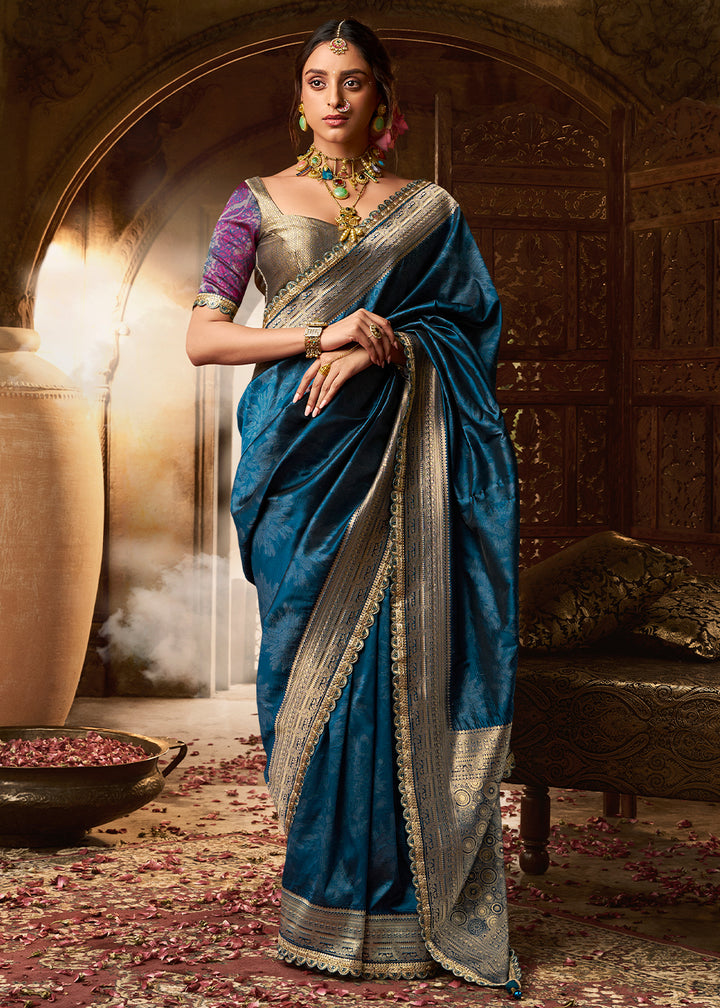 Azure Blue Banarasi Silk Saree Featuring an Elegant Border