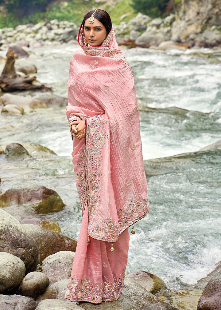 Bubblegum Pink Embroidered Silk Saree with Stone and Weaving Details