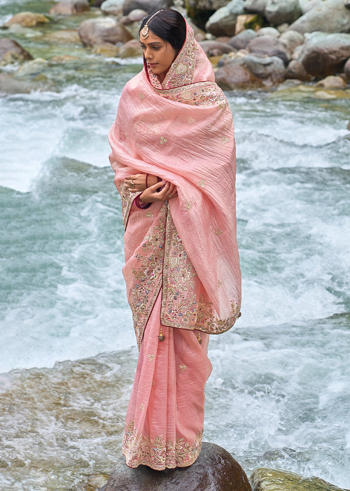 Bubblegum Pink Embroidered Silk Saree with Stone and Weaving Details