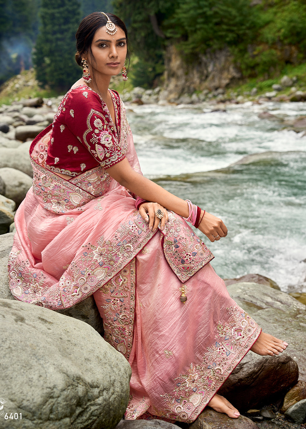 Bubblegum Pink Embroidered Silk Saree with Stone and Weaving Details