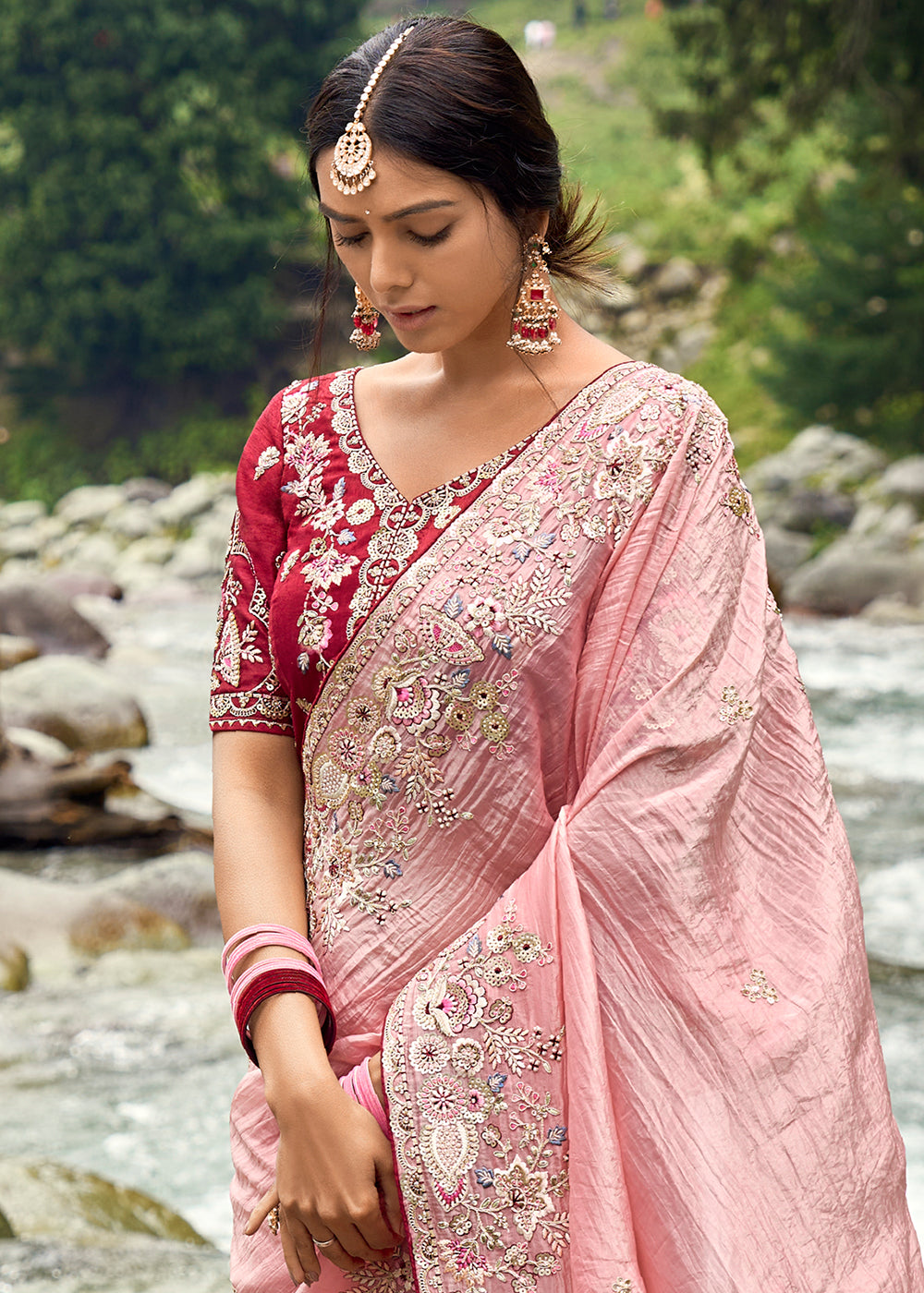 Bubblegum Pink Embroidered Silk Saree with Stone and Weaving Details