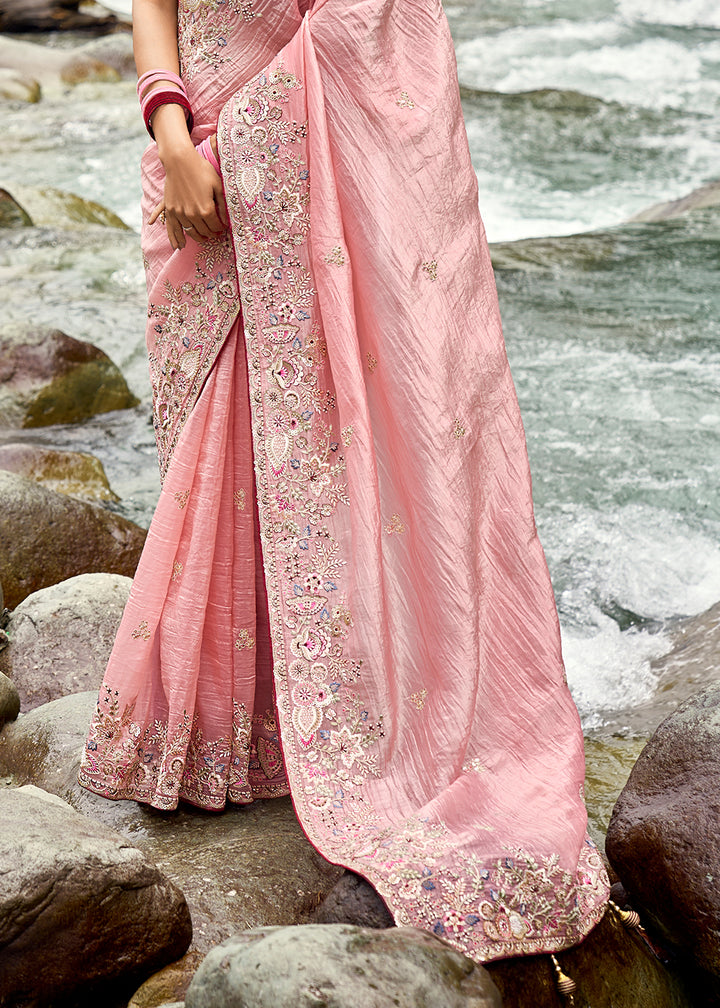 Bubblegum Pink Embroidered Silk Saree with Stone and Weaving Details