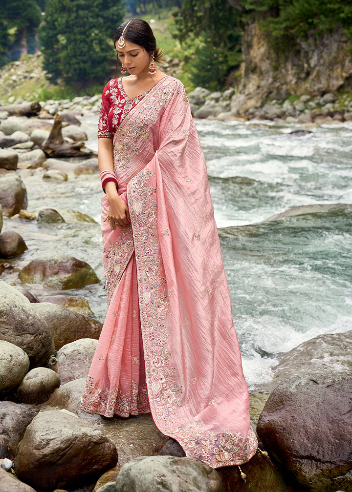 Bubblegum Pink Embroidered Silk Saree with Stone and Weaving Details