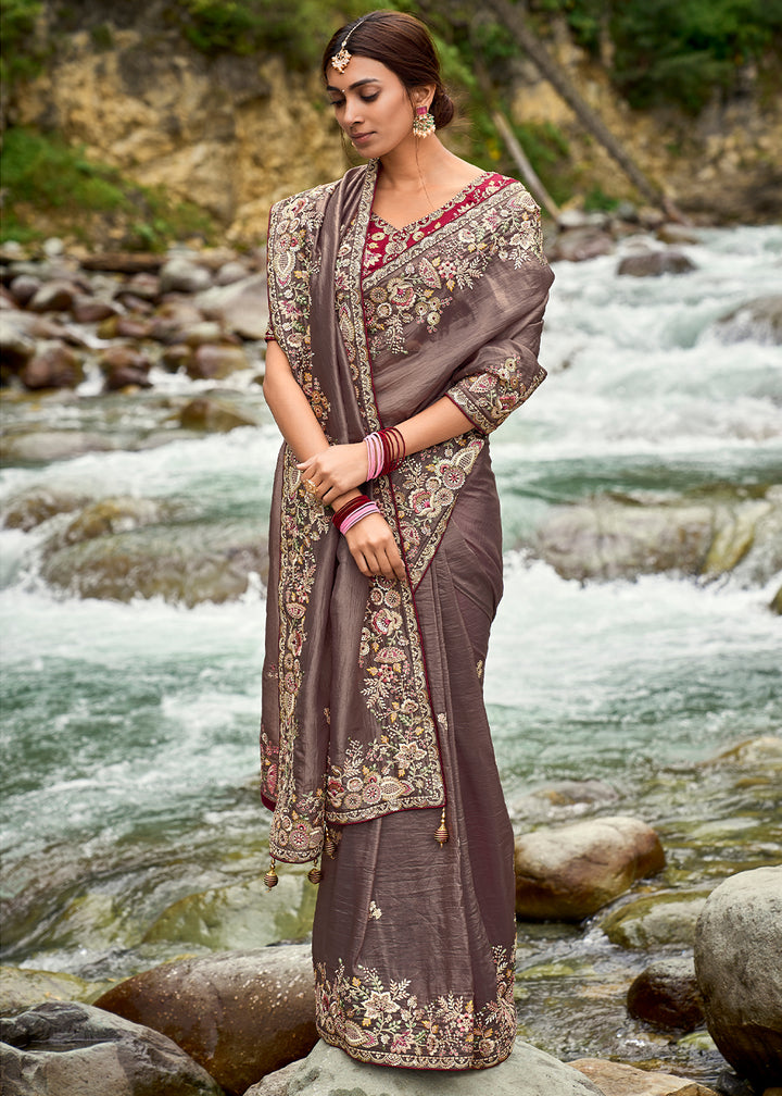 Toffee Brown Embroidered Silk Saree with Stone and Weaving Details