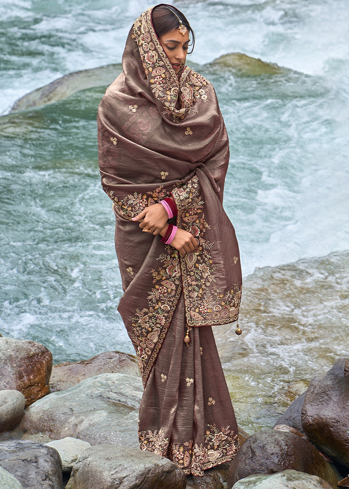 Toffee Brown Embroidered Silk Saree with Stone and Weaving Details