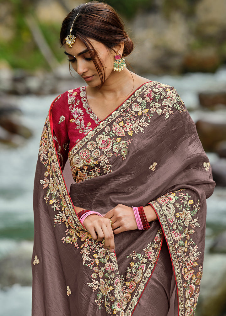 Toffee Brown Embroidered Silk Saree with Stone and Weaving Details