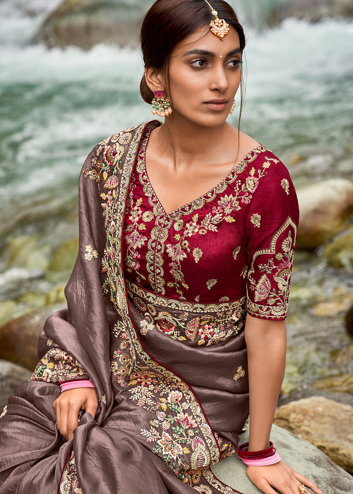 Toffee Brown Embroidered Silk Saree with Stone and Weaving Details