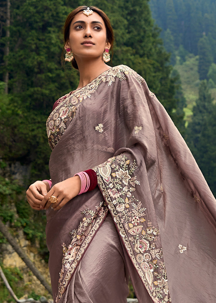 Toffee Brown Embroidered Silk Saree with Stone and Weaving Details