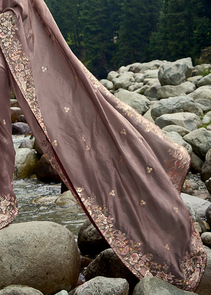 Toffee Brown Embroidered Silk Saree with Stone and Weaving Details