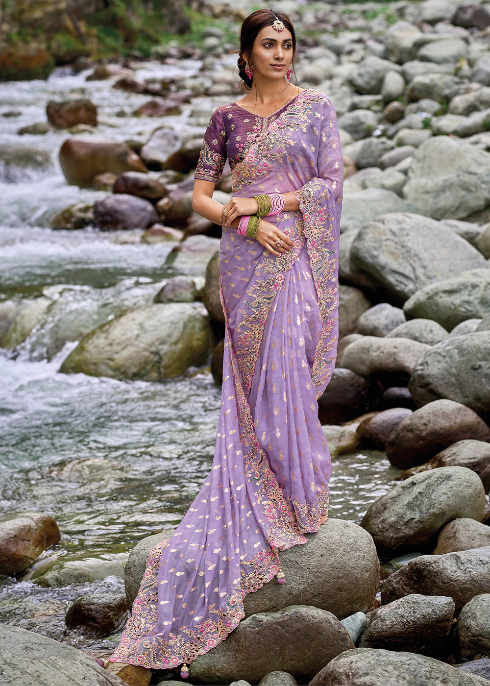 Lavender Purple Embroidered Silk Saree with Stone and Weaving Details