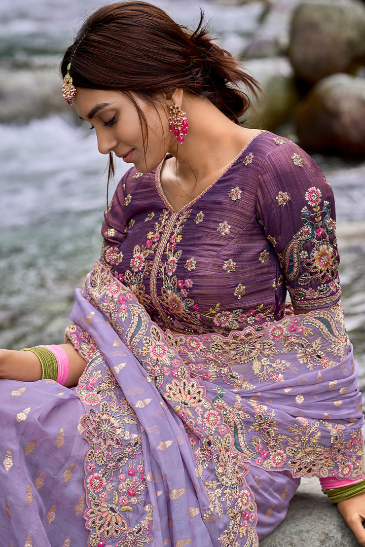 Lavender Purple Embroidered Silk Saree with Stone and Weaving Details