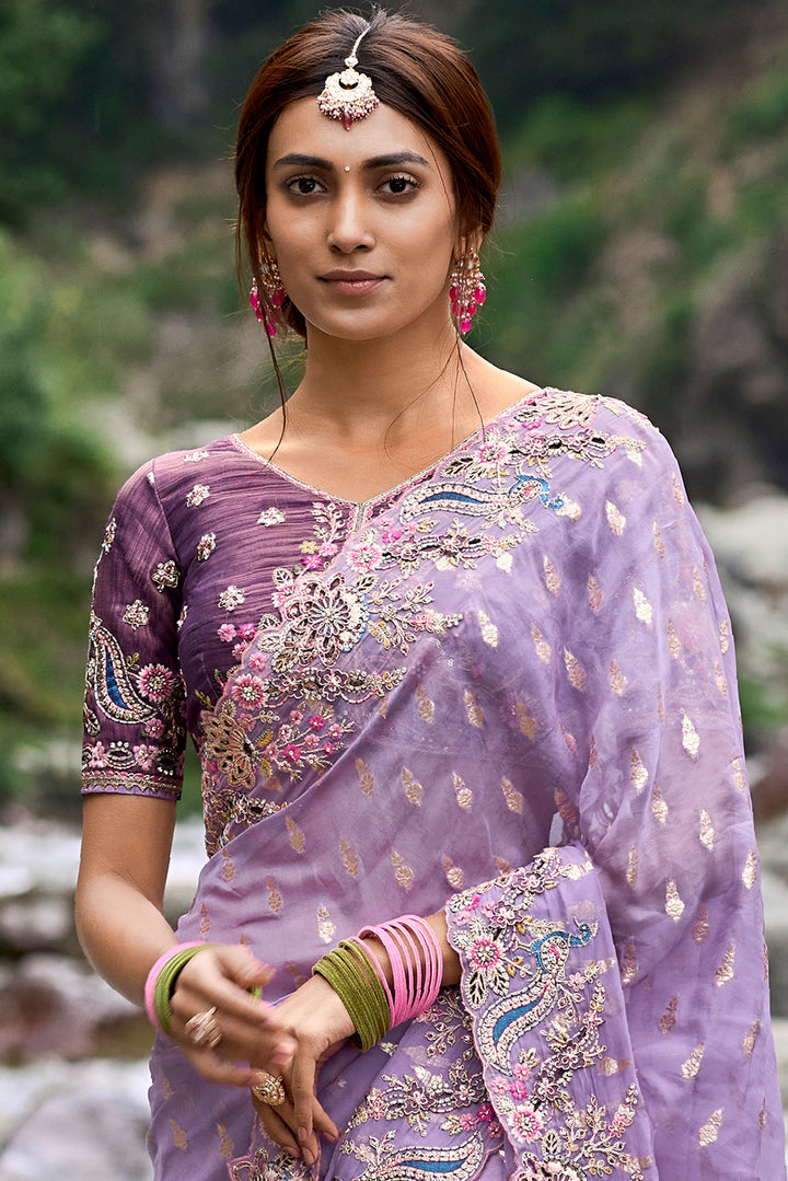 Lavender Purple Embroidered Silk Saree with Stone and Weaving Details