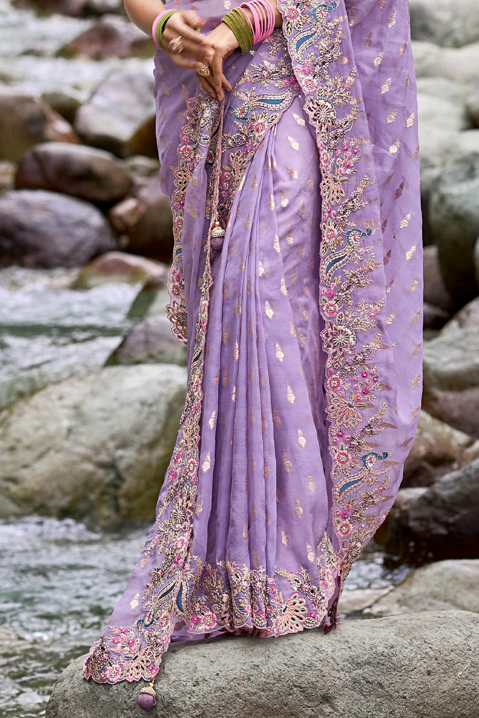 Lavender Purple Embroidered Silk Saree with Stone and Weaving Details