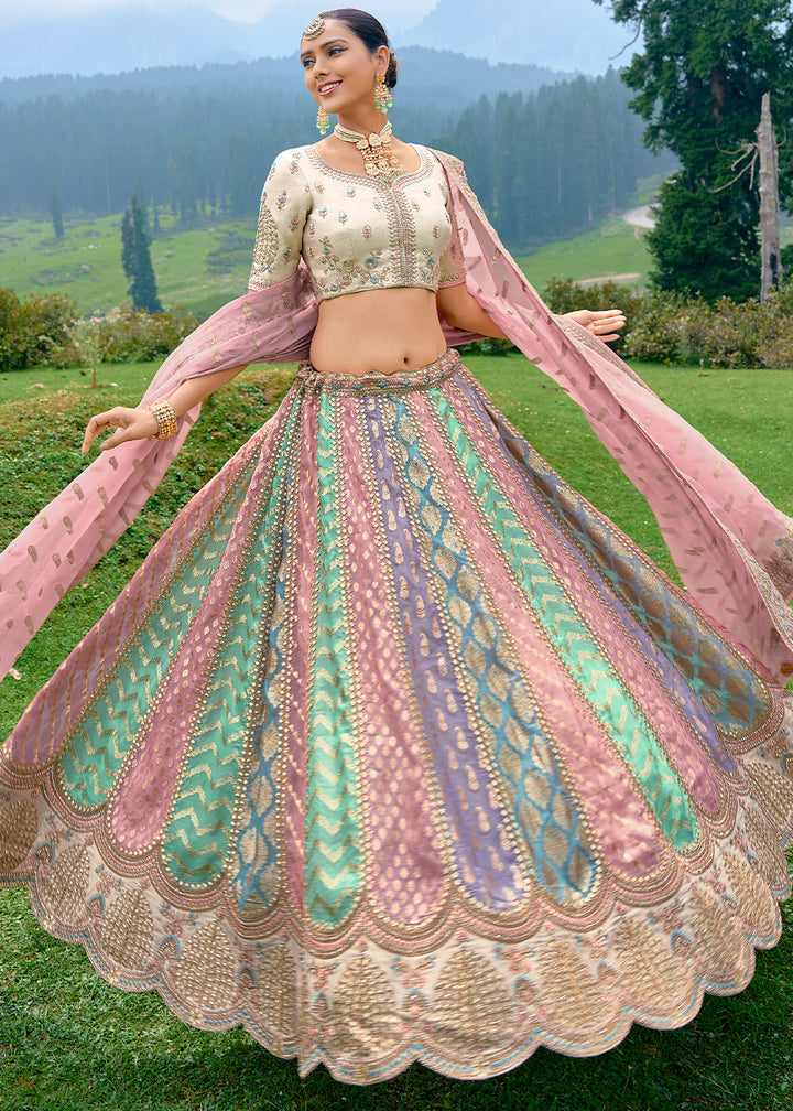 Multi Colored Georgette Silk lehenga with Stone,Thread,Resham & Heavy Embroidery work