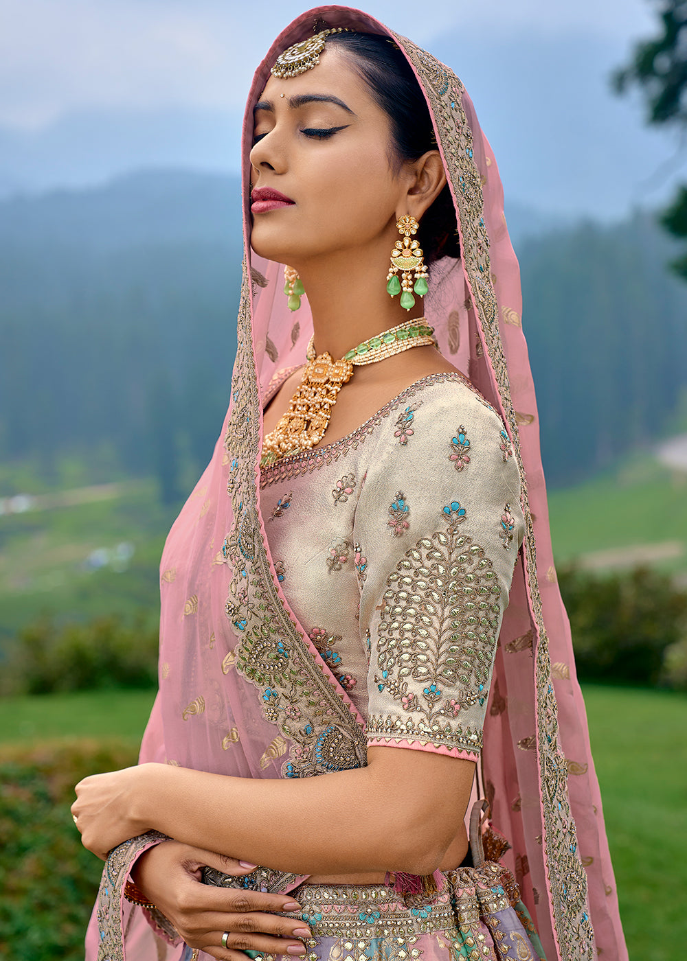 Multi Colored Georgette Silk lehenga with Stone,Thread,Resham & Heavy Embroidery work