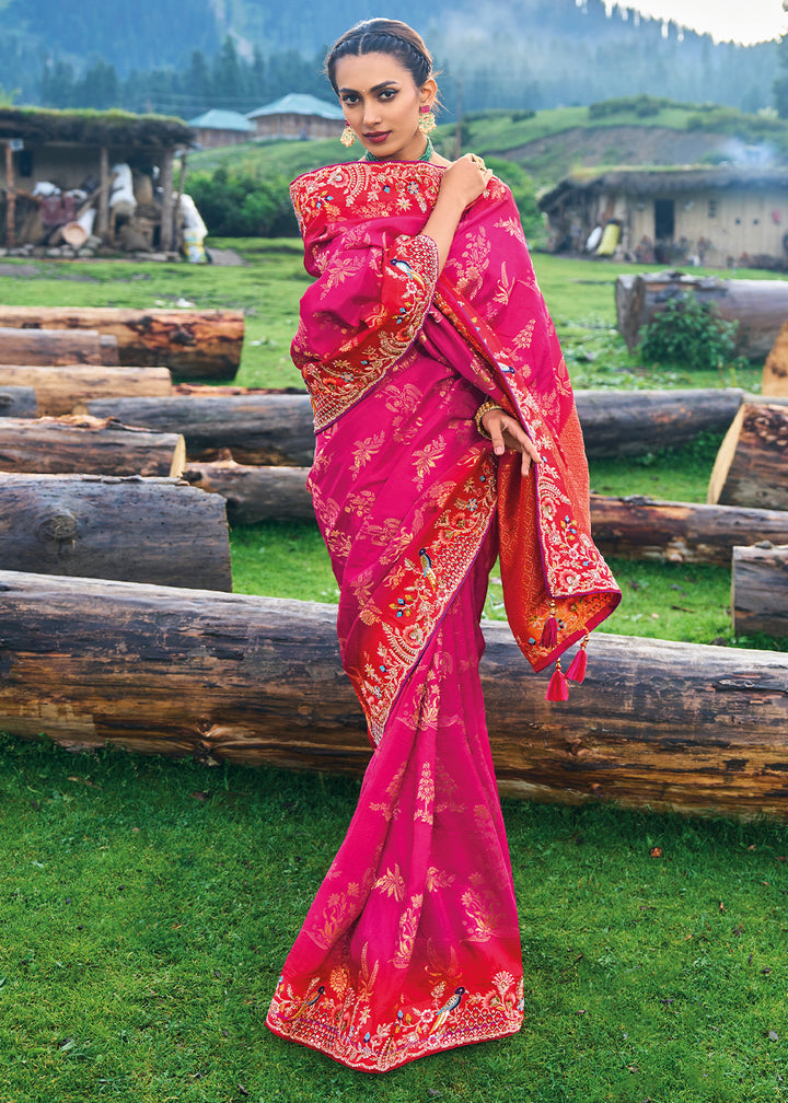 Cerise Pink Dola Silk Saree with Intricate Embroidery work