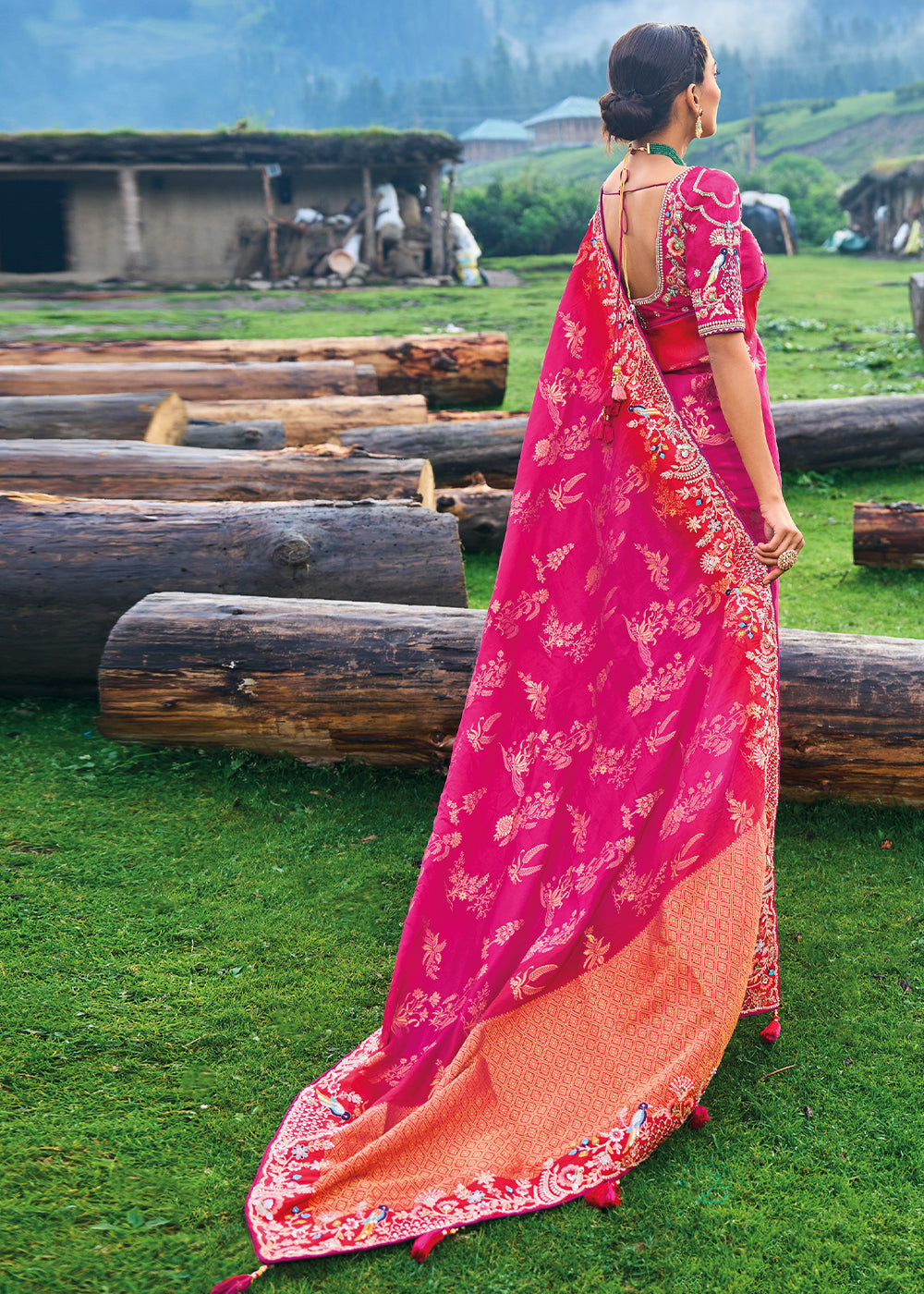 Cerise Pink Dola Silk Saree with Intricate Embroidery work