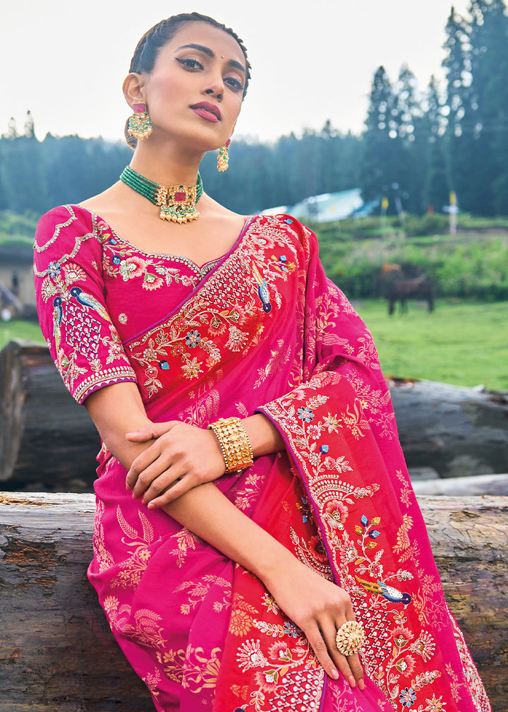 Cerise Pink Dola Silk Saree with Intricate Embroidery work