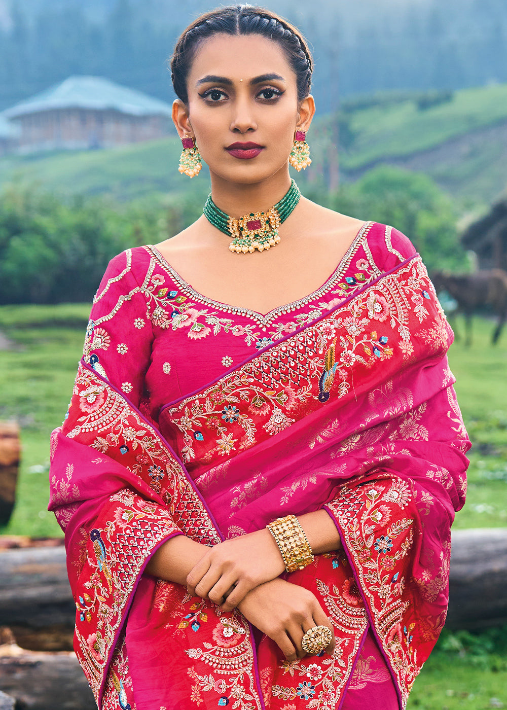 Cerise Pink Dola Silk Saree with Intricate Embroidery work