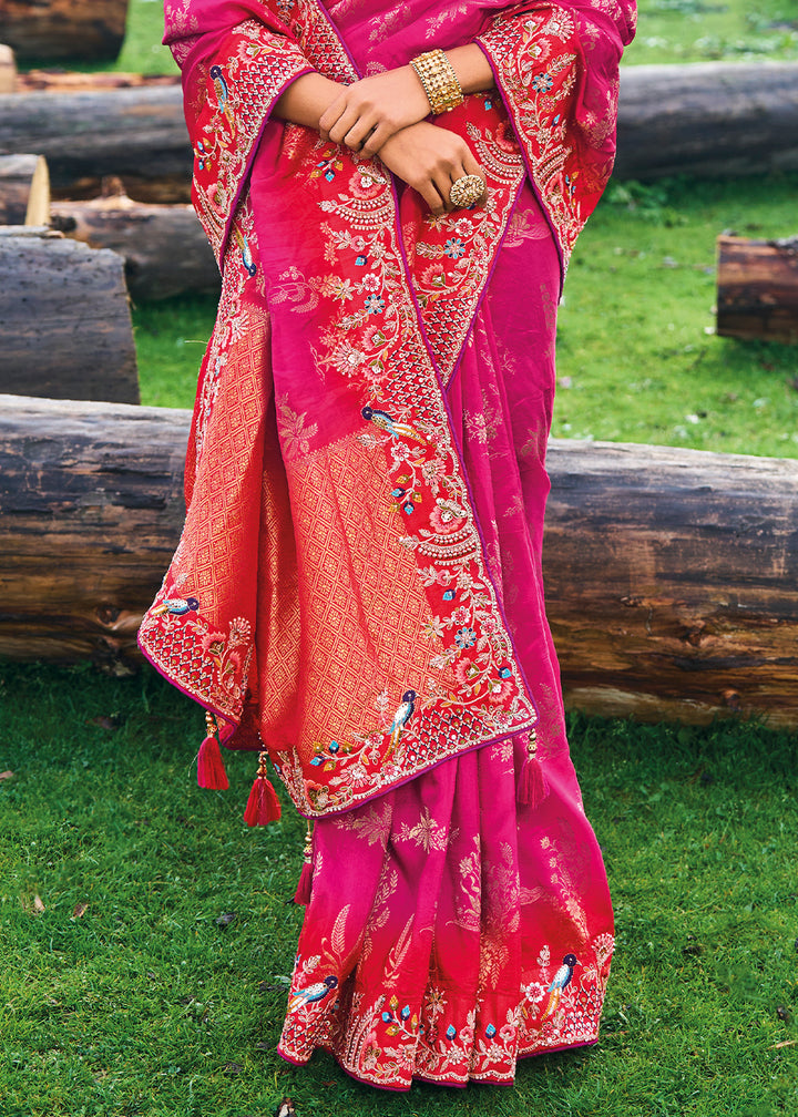 Cerise Pink Dola Silk Saree with Intricate Embroidery work